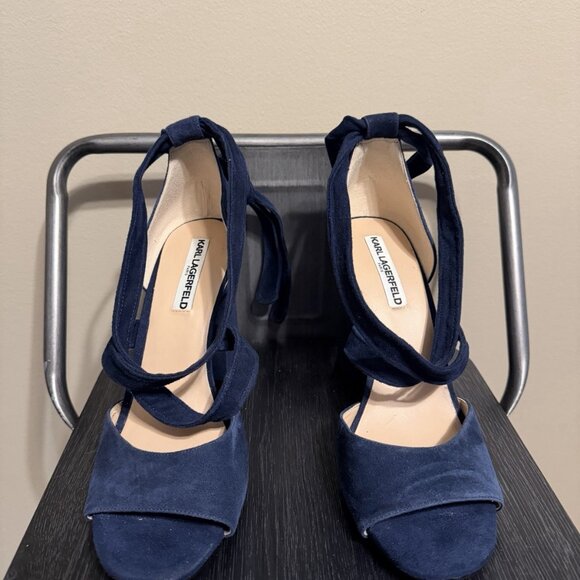 Karl Lagerfeld Paris Navy Blue Suede Ankle Strap Block Heels - Picture 2 of 13